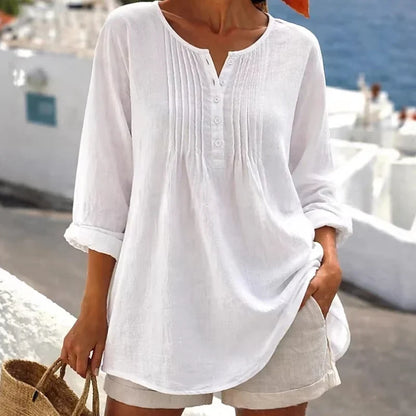 Women's Casual Pleated Henley Blouse – Long Sleeve Relaxed Fit Top